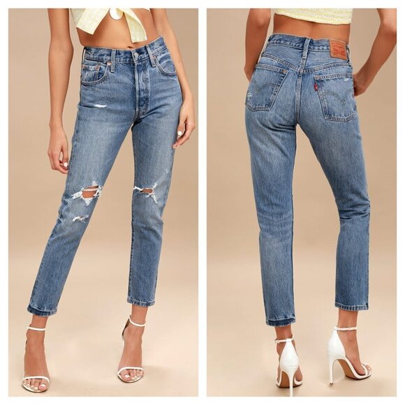 Levi's 501 Straight Leg Jeans Distressed Medium Wash Blue Size 29 - Picture 1 of 8